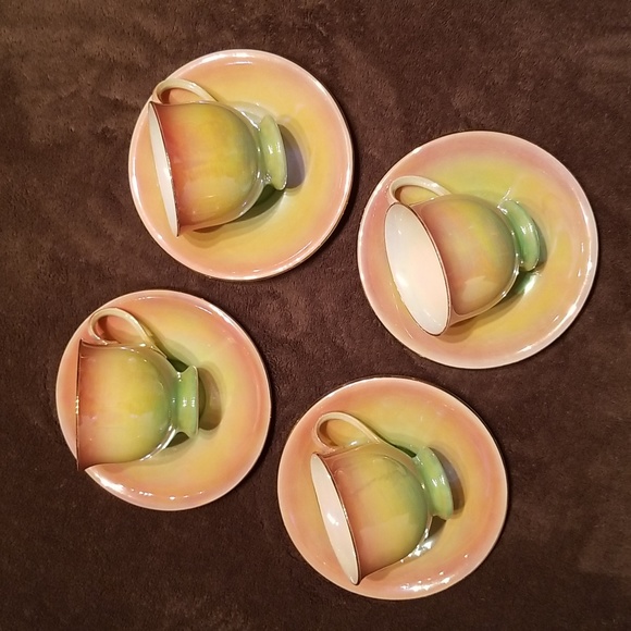 1940s Vintage Royal Winton Grimwades Orange Green Lustreware Set 4 Cups/Saucers - Picture 8 of 17
